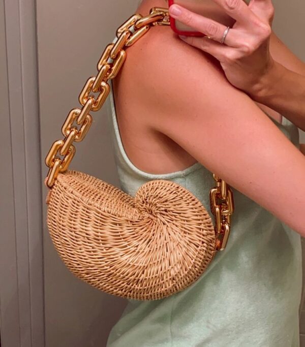 Fashion Thick Chains Rattan Conch Women Shoulder Bags Design Wicker Woven Handbags Luxury Summer Beach Straw