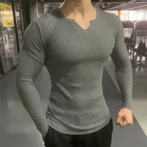 Fashion V Neck Solid Color Long Sleeve Korean T Shirt Men s Clothing 2024 Spring New