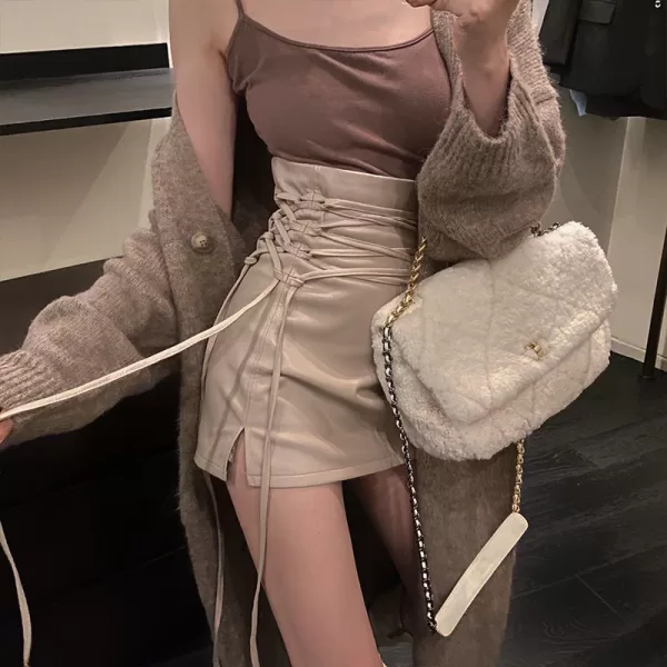 Fashion Women Ladies Skirt Spring Autumn Solid Color Sexy Clubwear Mini Skirt High Waist Lace Up jpg