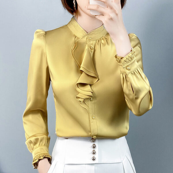 Feminine Blouse Spring Autumn New Elegant Fashion Wave Cut Ruffles Office Lady Shirts Long Sleeve Stand 2