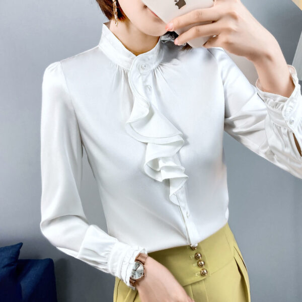 Feminine Blouse Spring Autumn New Elegant Fashion Wave Cut Ruffles Office Lady Shirts Long Sleeve Stand 3