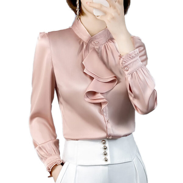 Feminine Blouse Spring Autumn New Elegant Fashion Wave Cut Ruffles Office Lady Shirts Long Sleeve Stand 4
