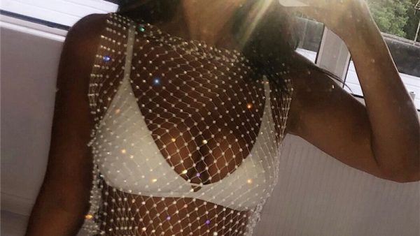 FestivalQueen Sexy Diamonds Mesh Cropped Tank Top Women Summer Cover Up Bikini See Through Rhinestone Net