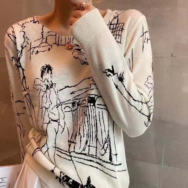 Fine Imitation Wool Knitted T Shirt Women s Short Sleeved Top Graffiti Digital Jacquard Pullover Ladies