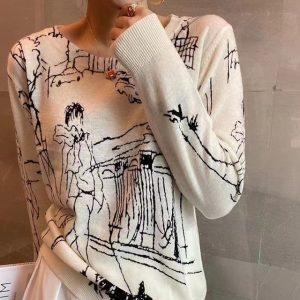 Fine Imitation Wool Knitted T Shirt Women s Short Sleeved Top Graffiti Digital Jacquard Pullover Ladies jpg x