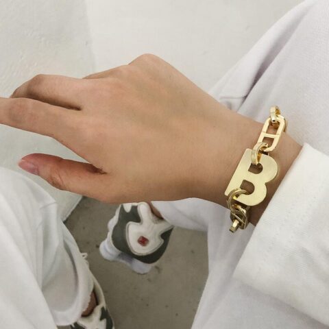 Flashbuy New Design Gold Color Metal Letter B Bracelets for Women Thick Link Chain Bracelet Fashion