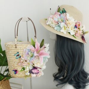 Flower Straw Bags for Women Luxury Woven Handbags Butterfly Bucket Bag Fashion Totes for Ladies