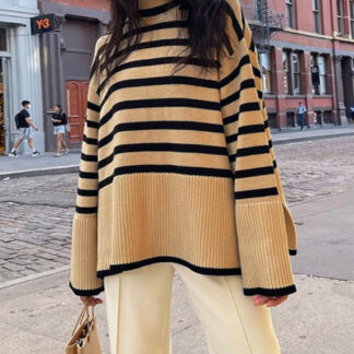 Forefair 2021 Autumn Winter Oversized Knitted Pullover Women Turtleneck Long Sleeve Khaki Striped Loose Sweater Casual 2.jpg 640x640 2