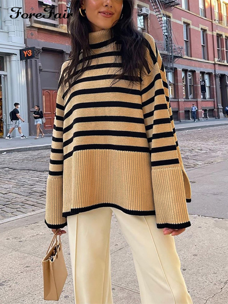Forefair 2021 Autumn Winter Oversized Knitted Pullover Women Turtleneck Long Sleeve Khaki Striped Loose Sweater Casual 3