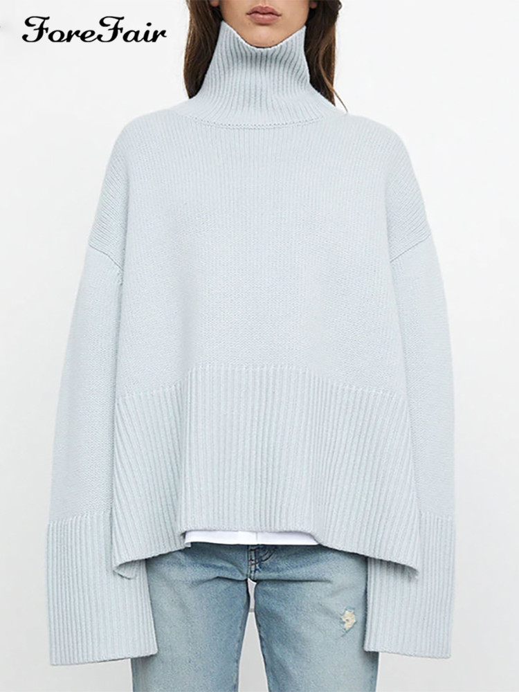 Forefair 2021 Autumn Winter Oversized Knitted Pullover Women Turtleneck Long Sleeve Khaki Striped Loose Sweater Casual 5