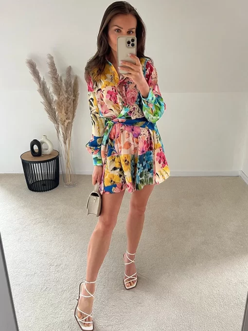 Foridol Floral Boho Tie Dyed Summer Long Sleeve Romper Playsuit Overall Beach Button Shirt Spring Wide