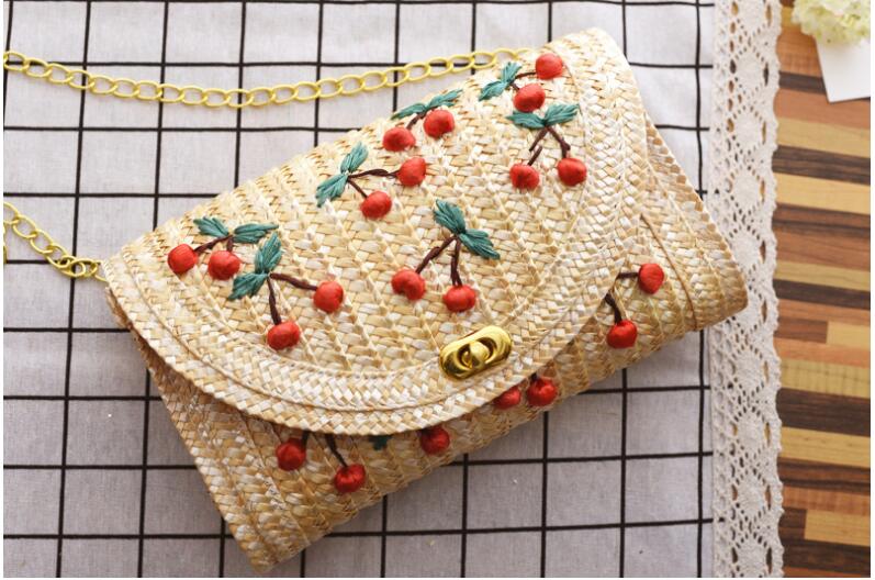 Fruit Cherry Banana Straw Beach Bag for Women Messenger Bags Embroidery Design Summer Cute Flap Chain 1