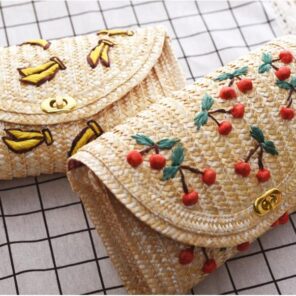 Fruit Cherry Banana Straw Beach Bag for Women Messenger Bags Embroidery Design Summer Cute Flap Chain