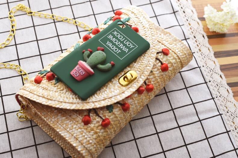 Fruit Cherry Banana Straw Beach Bag for Women Messenger Bags Embroidery Design Summer Cute Flap Chain 3