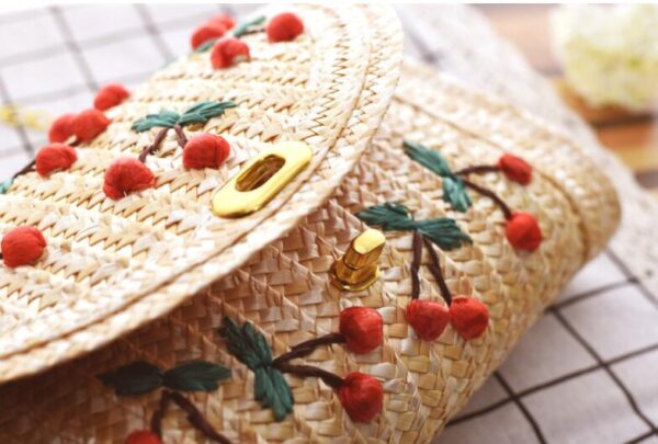 Fruit Cherry Banana Straw Beach Bag for Women Messenger Bags Embroidery Design Summer Cute Flap Chain 4