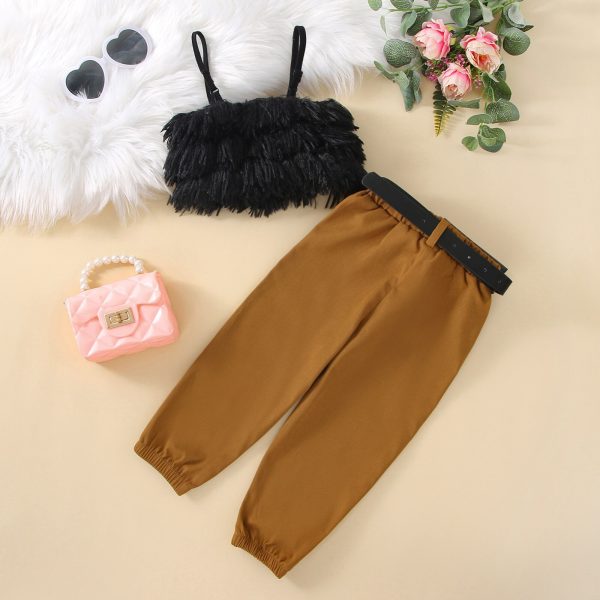 Girl Summer Clothing Three Piece Outfits Furry Spaghetti Strap Tank Tops Casual Long Pants Waist Bag 2