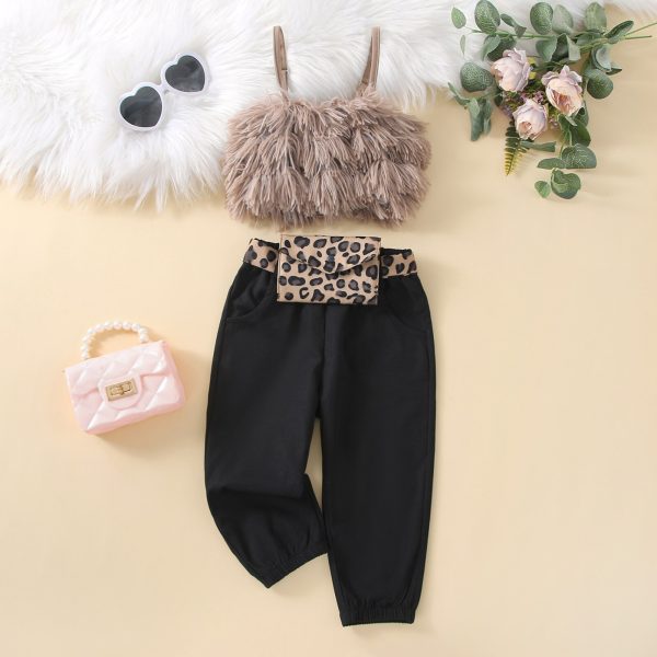 Girl Summer Clothing Three Piece Outfits Furry Spaghetti Strap Tank Tops Casual Long Pants Waist Bag 4