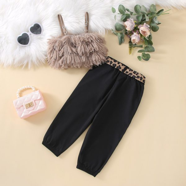 Girl Summer Clothing Three Piece Outfits Furry Spaghetti Strap Tank Tops Casual Long Pants Waist Bag 5
