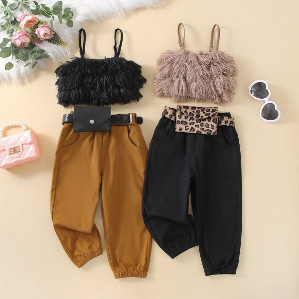Girl Summer Clothing Three Piece Outfits Furry Spaghetti Strap Tank Tops Casual Long Pants Waist Bag