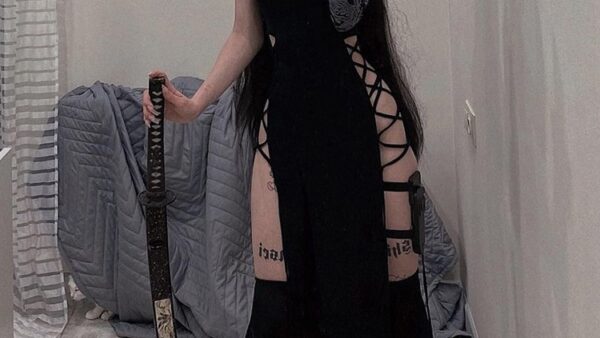 Goth Dark Cosplay High Split Sexy Bandage Women Dresses Y2K Mall Gothic Halter Slim Midi Dress