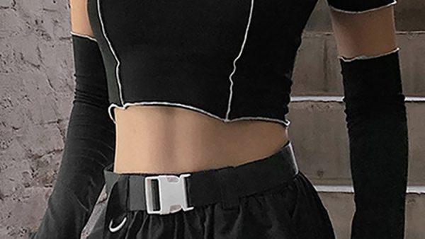 Goth Dark E girl Style Patchwork Black T shirts Gothic Open Shoulder Sleeve Y2k Crop Tops