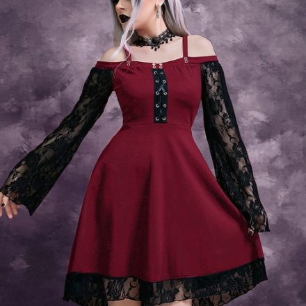 Goth Dark Gothic Aesthetic Vintage Women Autumn Dresses Grunge Lace Patchwork Flare Sleeve Black A line jpg x