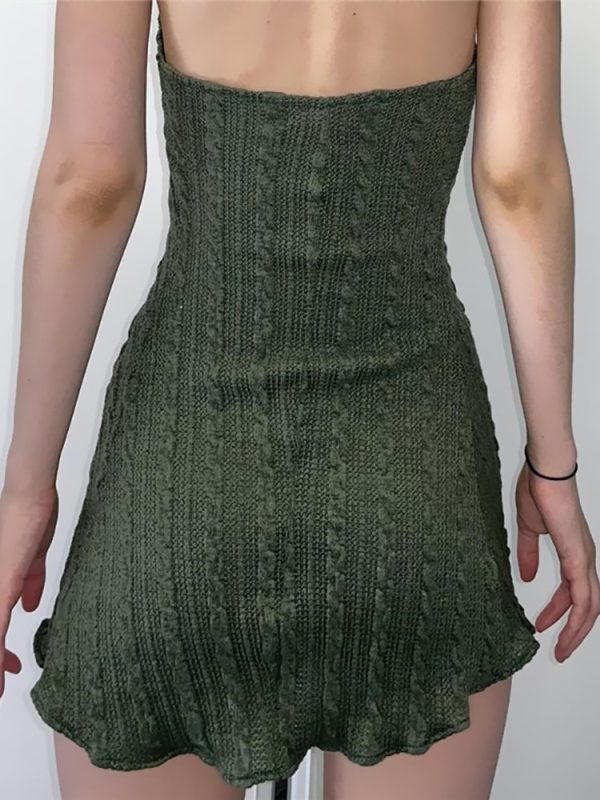 Goth Dark Knitted Fairy Grunge Green Folds Mini Dresses Gothic Retro Backless A Line Women Dress