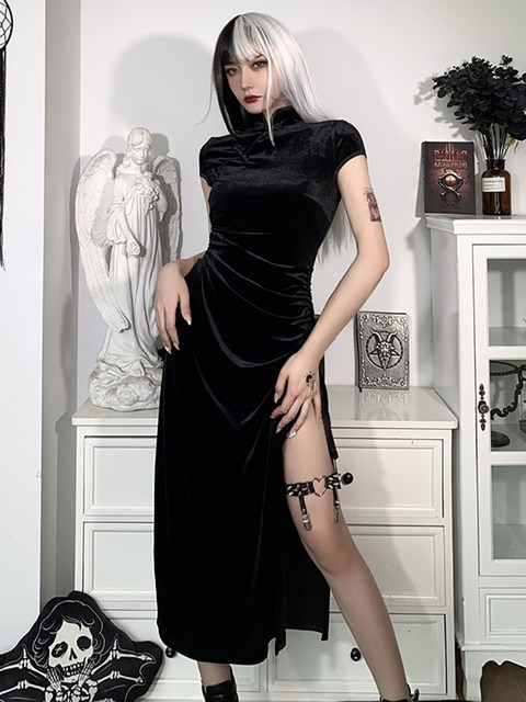 Goth Dark Romantic Gothic Velvet Aesthetic Dresses Vintage Women Black Bandage SlitHem Bodycon Dress Sexy Evening jpg x