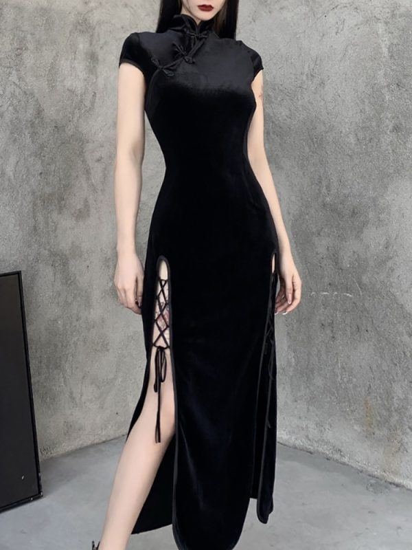 Goth Dark Romantic Gothic Velvet Aesthetic Dresses Vintage Women Black Bandage SlitHem Bodycon Dress Sexy Evening