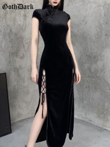 Goth Dark Romantic Gothic Velvet Aesthetic Dresses Vintage Women Black Bandage SlitHem Bodycon Dress Sexy Evening jpg x