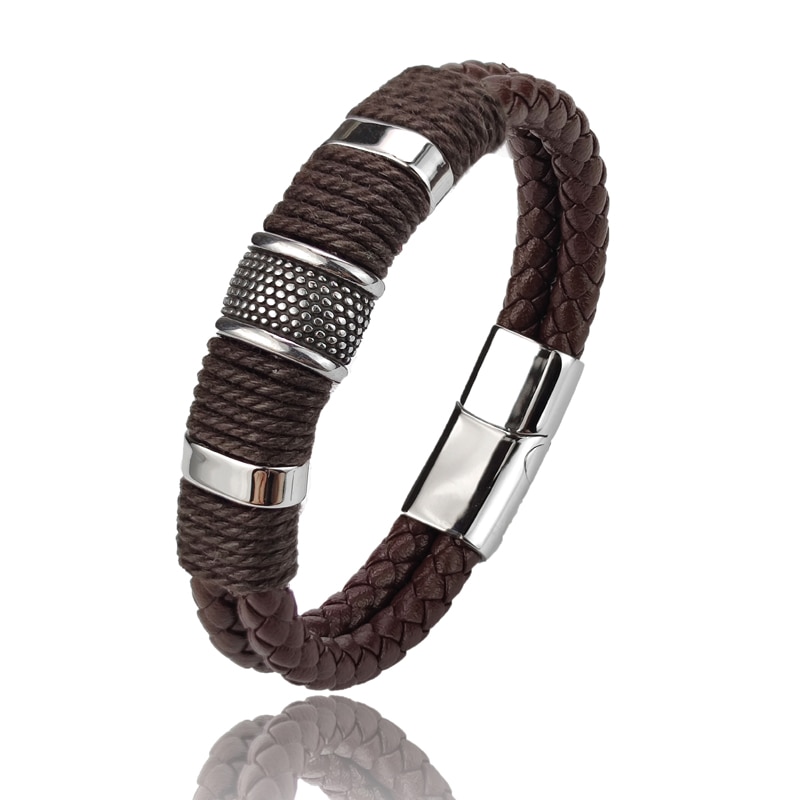 Vintage Multilayer Brown Leather Men's Bracelet with Stone Beads and ...