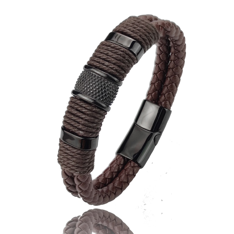 Vintage Multilayer Brown Leather Men's Bracelet with Stone Beads and ...
