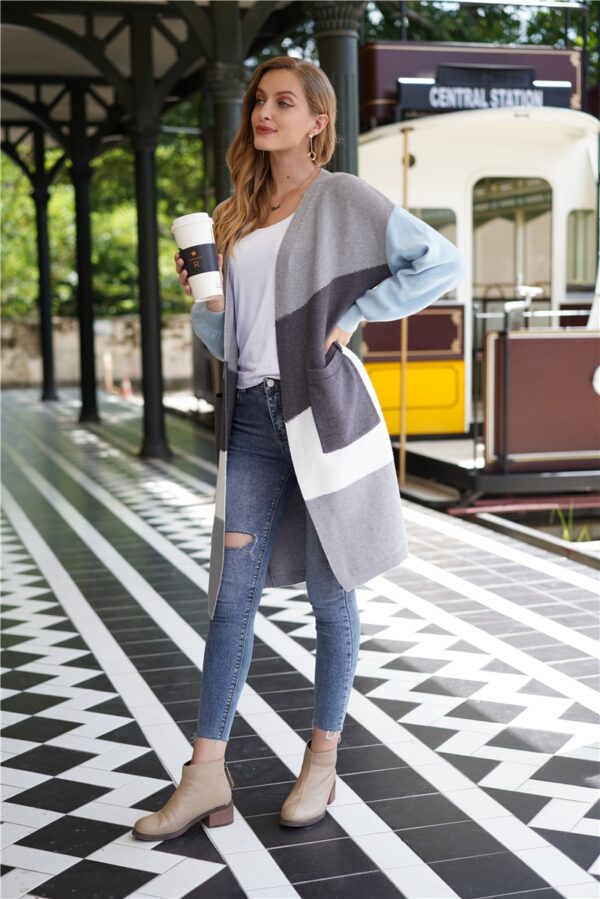 H80 S90 Hot New Women Long Cardigan Stiped Patchwork Loose Sweater Long Sleeve Casual Knit Sweater