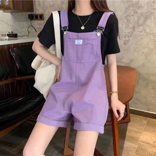 HI FASHION Summer Vintage Purple Jean Jumpsuit Women Cotton Wide Legs Bib Female Overalls Woman Personality