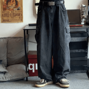 HOUZHOU Baggy Jeans Trousers Male Denim Pants Black Wide Leg Pants Men s Jeans Oversize Cargo