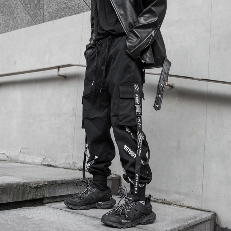 Street Noir: Black Cargo Joggers, Japanese Techwear Fusion - Akolzol.com