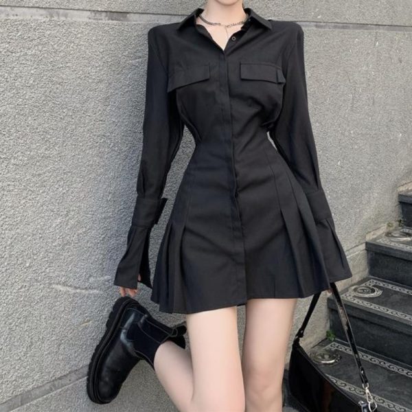 HOUZHOU Black Shirt Dress Women Elegant Vintage Long Sleeve Dresses Sexy Gothic Pleated Streetwear Turn down