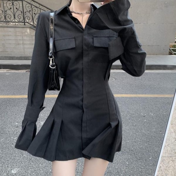 HOUZHOU Black Shirt Dress Women Elegant Vintage Long Sleeve Dresses Sexy Gothic Pleated Streetwear Turn down