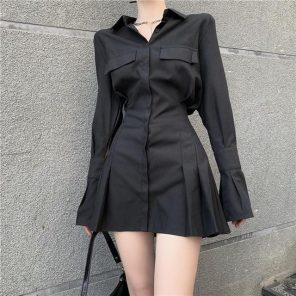 HOUZHOU Black Shirt Dress Women Elegant Vintage Long Sleeve Dresses Sexy Gothic Pleated Streetwear Turn down jpg x