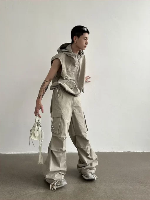 HOUZHOU Cargo Pants Sets Vest Hooded Summer 2 Piece Outfit Japanese Sleeveless Suit Male Korean Streetwear 1