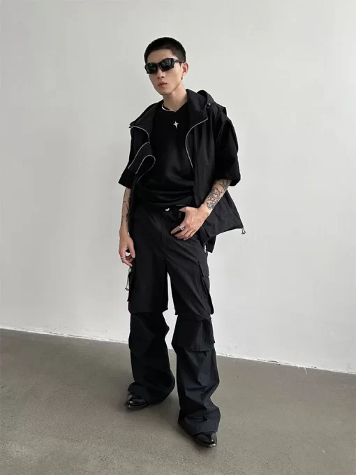 HOUZHOU Cargo Pants Sets Vest Hooded Summer 2 Piece Outfit Japanese Sleeveless Suit Male Korean Streetwear 2