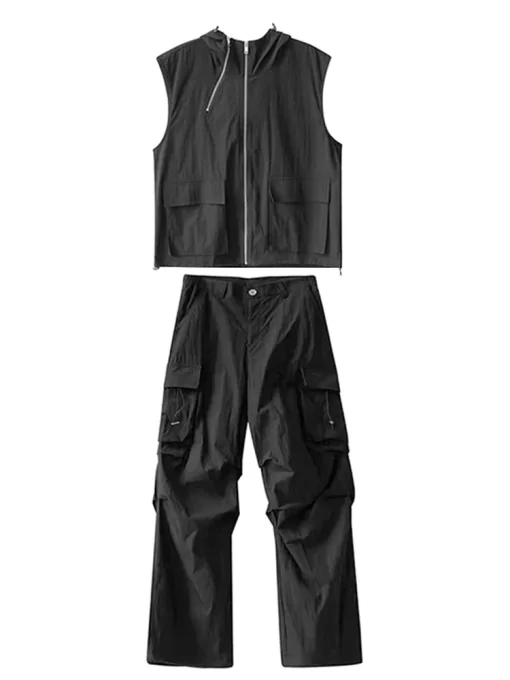 HOUZHOU Cargo Pants Sets Vest Hooded Summer 2 Piece Outfit Japanese Sleeveless Suit Male Korean Streetwear 5