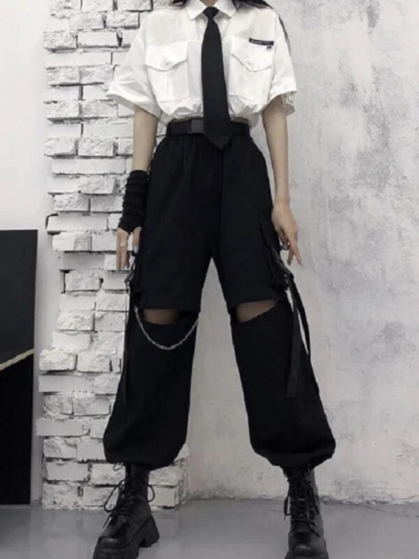 HOUZHOU Gothic Streetwear Women s Cargo Pants with Chain Punk Techwear Black Oversize Korean Fashion Wide 2