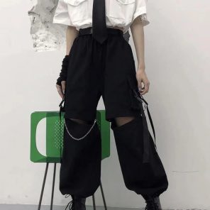 HOUZHOU Gothic Streetwear Women s Cargo Pants with Chain Punk Techwear Black Oversize Korean Fashion Wide