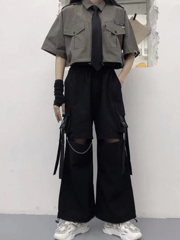 HOUZHOU Gothic Streetwear Women s Cargo Pants with Chain Punk Techwear Black Oversize Korean Fashion Wide 3