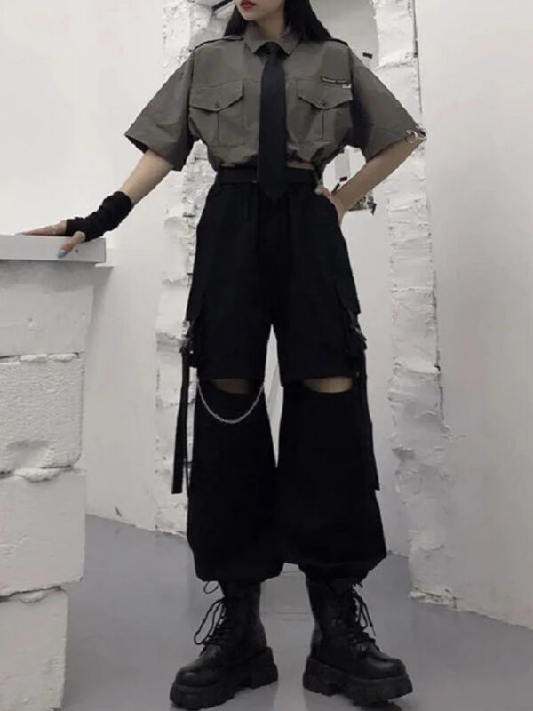 HOUZHOU Gothic Streetwear Women s Cargo Pants with Chain Punk Techwear Black Oversize Korean Fashion Wide 4