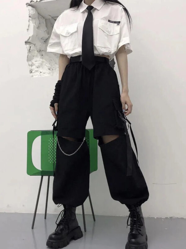 HOUZHOU Gothic Streetwear Women s Cargo Pants with Chain Punk Techwear Black Oversize Korean Fashion Wide