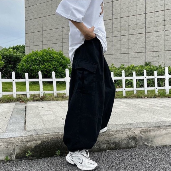 HOUZHOU Harajuku Streetwear Khaki Cargo Pants Women Oversize Pockets Hip Hop Black Wide Leg Trousers For 4