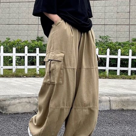 HOUZHOU Harajuku Streetwear Khaki Cargo Pants Women Oversize Pockets Hip Hop Black Wide Leg Trousers For