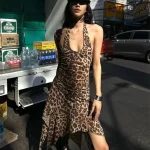 HOUZHOU Leopard Printed Sexy Woman Dresses Vintage Mini